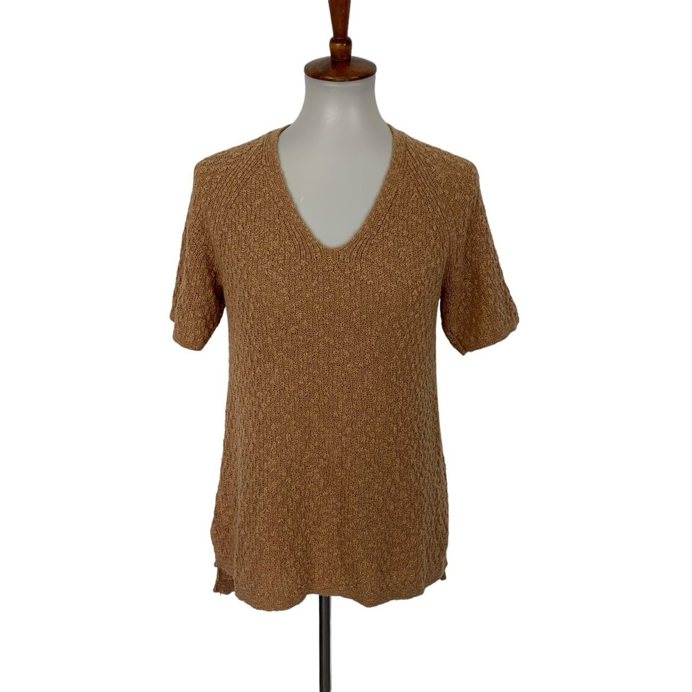 J Jill Brown Knit Top Small Short Sleeve V‎ Neck Minimalist Casual